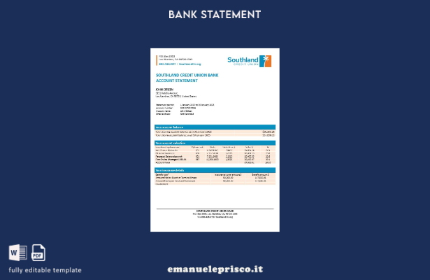 modello word di estratto conto bancario stile verificato USA California Southlan